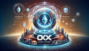 DALL·E 2023 11 14 13.50.03 Create a compelling cover image for the collaboration between OKX and Polygon Labs on the X1 testnet. The design should emphasize the concept of a L
