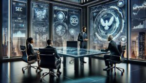 DALL·E 2023 11 29 14.35.53 A futuristic meeting room with advanced technology depicting a major asset manager in discussion with SEC representatives. The room is sleek and mode