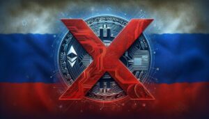 DALL·E 2023 12 20 15.54.28 A large abstract red X symbol superimposed over a subtly depicted Russian flag with cryptocurrency symbols like Bitcoin and Ethereum artistically