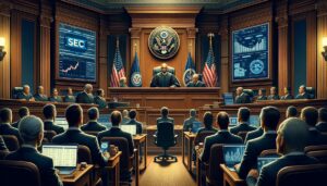 DALL·E 2023 12 15 14.53.20 Create a landscape oriented hyperrealistic cover image of a U.S. courtroom scene focusing on a single judge overseeing a case involving the SEC and C