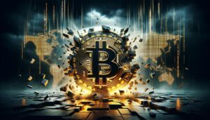DALL·E 2024 03 15 12.55.15 A dramatic and visually striking image representing a Bitcoin crash for a news report designed in a wide format. The scene unfolds under a dark omin