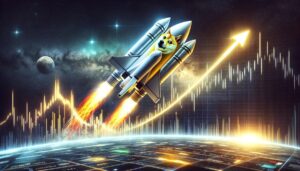 DALL·E 2024 04 01 10.04.39 Create a visually compelling wide format image symbolizing a significant financial event featuring a soaring rocket ship. The rocket is painted in v